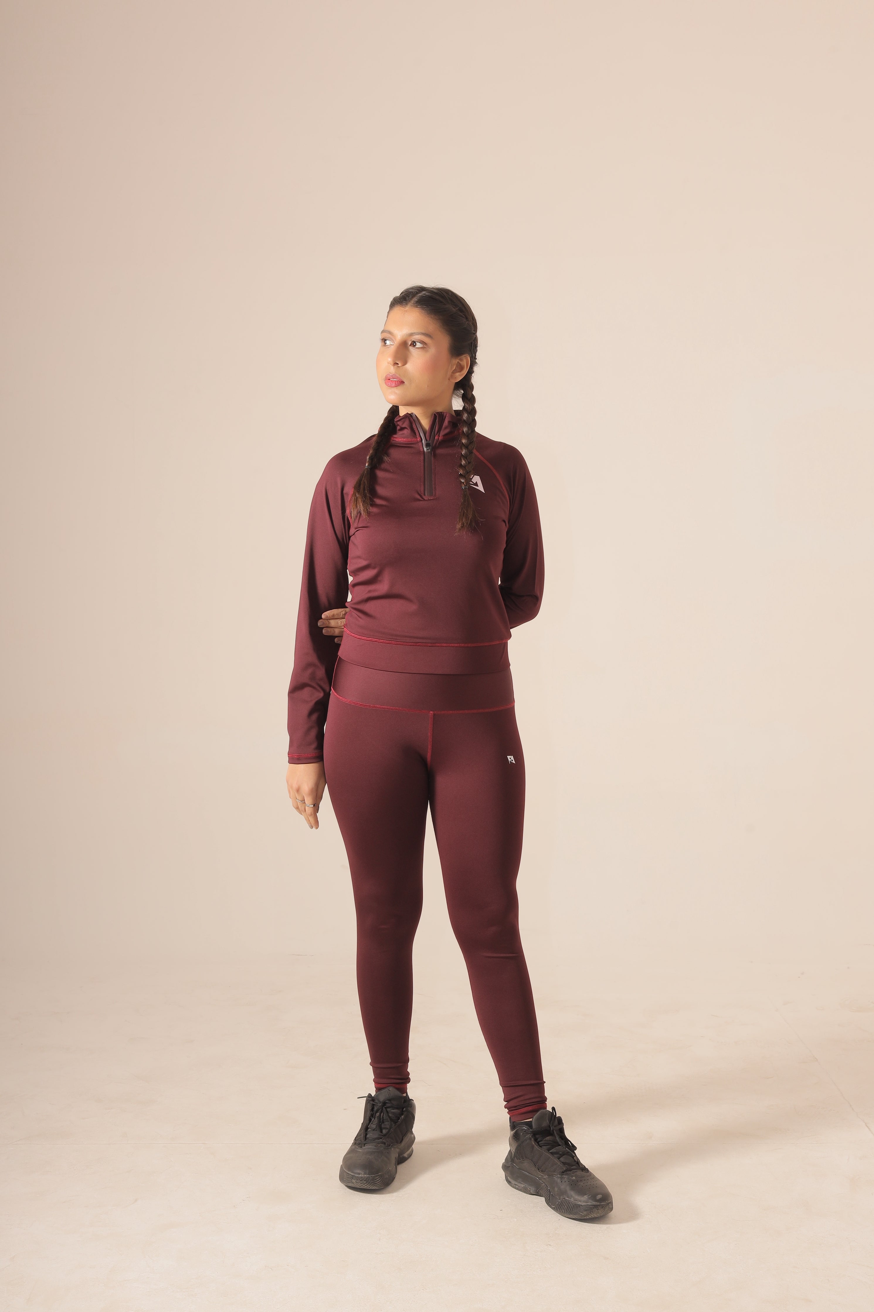 Maroon Seamless Crop 1/2 Zip & Leggings Combo